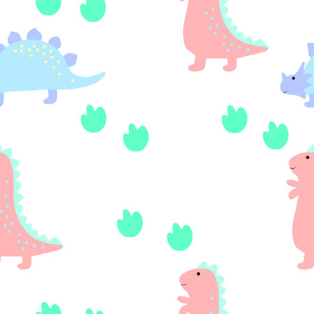 seamless dinosaur pattern vector illustration dinoasur and dinosaur prints on white background pastel colors for fabrics textile wallpaper children toddlersのイラスト素材