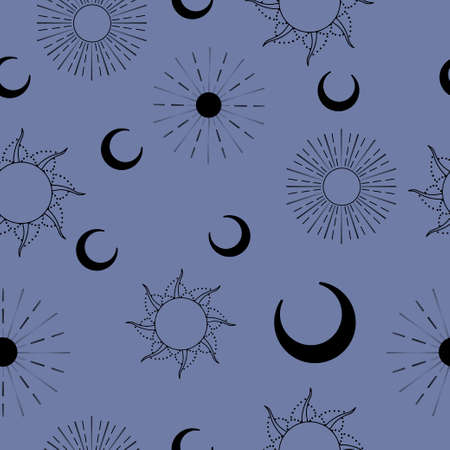 Sun and moon seamless pattern esoteric astrology on shadow mauve blue background different suns...