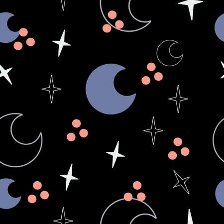 moon crescent and stars seamless pattern on black repeat texture looped backdrop pink white and blue design minimalist soteric yoga witchcraft astrology designのイラスト素材