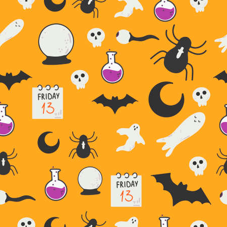 Vector seamless pattern for Halloween. Pumpkin, ghost, bat, candy, and other items on Halloween theme. Bright cartoon pattern for Halloweenのイラスト素材