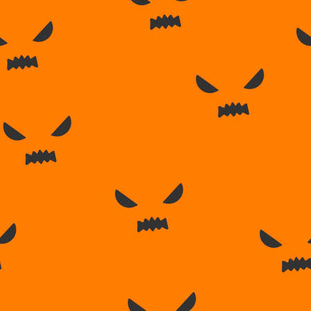 Seamless pattern with orange halloween pumpkins carved faces silhouettes on black background. Can be used for scrapbook digital paper, textile print, page fill. Vector illustration. black on orange background wrapping paper fabics textile boho designのイラスト素材
