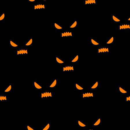 Seamless pattern with orange halloween pumpkins carved faces silhouettes on black background. Can be used for scrapbook digital paper, textile print, page fill. Vector illustration wwrapping paper orange ob black background spooky facesのイラスト素材