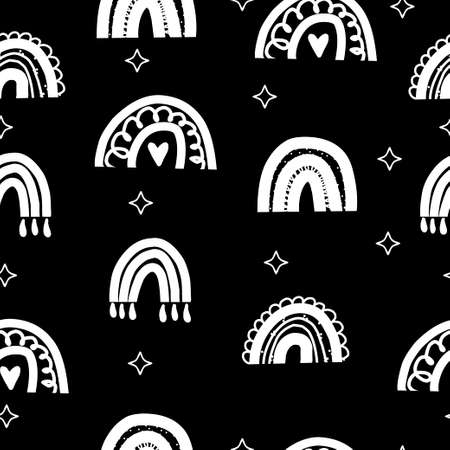 Childish seamless pattern with hand drawn rainbow and dotsのイラスト素材