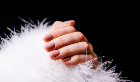 Nails Design. Hands With Bright Pink Spring Manicure On Grey Background. Close Up Of Female Hands. Art Nail.の写真素材