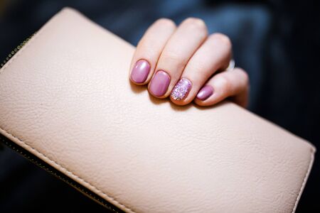 Nails Design. Hands With Bright Pink Spring Manicure On Grey Background. Close Up Of Female Hands. Art Nail.の写真素材