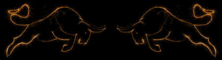 Two Oxes symbol of new 2021 year created with sparklines. Bulls made with glowing lines and sparks. 2021 Happy New Year Ox made with spark trails. two bulls oposite each other with copyspace bannerの写真素材