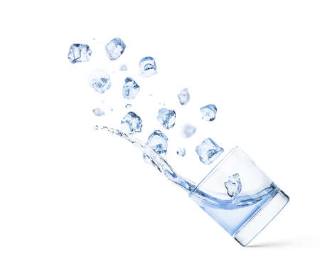 Ice Cubes Falling In Cold Water With Splash of a clear glassの写真素材