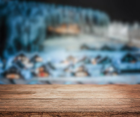 beautiful blue blurred background of winter and shabby table.の写真素材