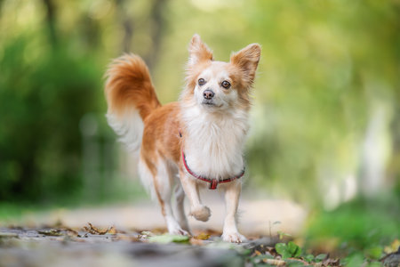dog walking in a summer park and looking happyの写真素材