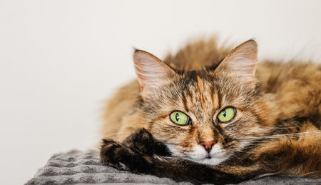 Cute Norwegian Forest cat lying looking awayの写真素材