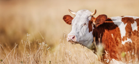 Cow grazing on a summer fieldの写真素材