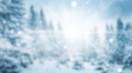 Winter landscape with snowy trees sunlight and snowflakes. Christmas conceptの写真素材