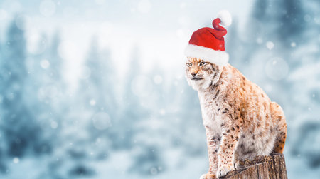 Lynx, wearing Santas hat, sits on a wooden stump against a winter background.の写真素材