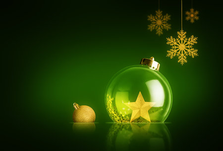 Christmas Ornaments, snowflakes and a star on a green backgroundの写真素材