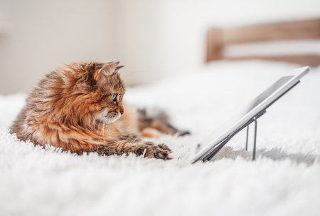 Cat is looking on tablet at homeの写真素材