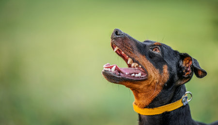 Portrait of miniature Pinscher on nature summer backgroundの写真素材