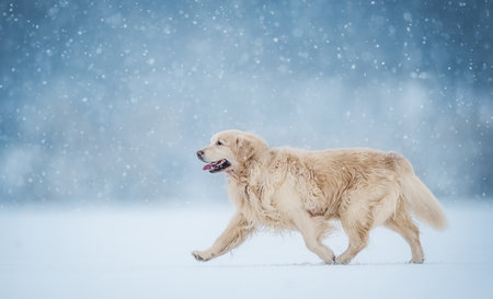 Golden retriever dog running under the snowの写真素材