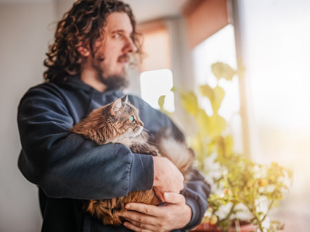 Man hugging a cat by the window on sunsetの写真素材
