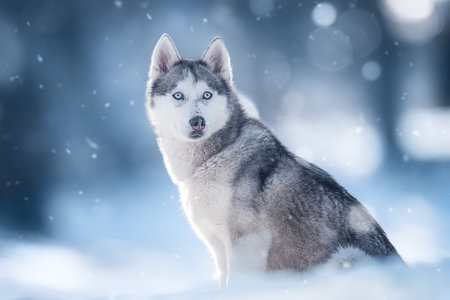 Husky resembling a wolf sits on snowy ground under falling snowflakes, exuding winter charm.