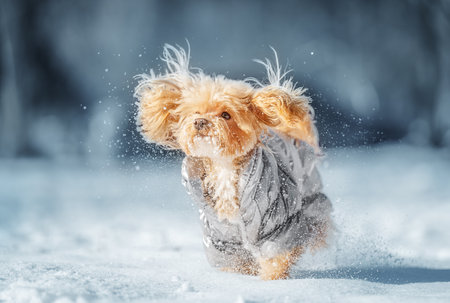 Adorable Maltipoo in a cozy winter outfit running and playing happily in the fresh snow.の写真素材