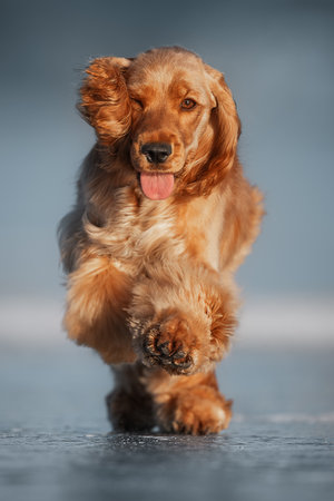 Happy red Cocker Spaniel puppy dashes across icy ground, enjoying a fun winter adventure.の写真素材