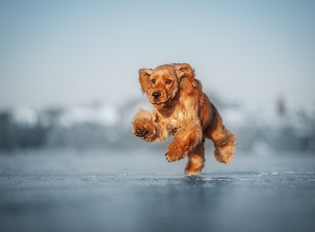 Playful English Cocker Spaniel puppy running on frozen surface, full of joy and excitement.の写真素材