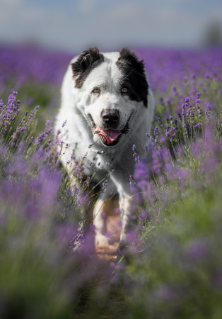 Happy black and white Alabai dog running joyfully through a blooming lavender field in summer countryside, symbol of freedom, nature and authentic rural lifestyle.の写真素材