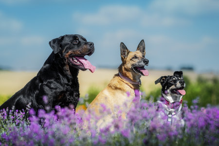 Three happy dogs a Labrador, a German Shepherd, and their friend enjoying a sunny summer day together in a blooming lavender field, full of joy, friendship, and freedom.の写真素材
