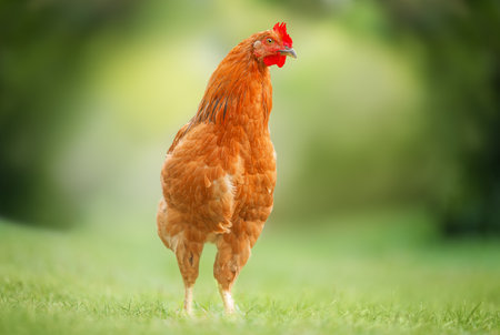 Close-up of a vibrant orange chicken standing on fresh green grass in a garden with natural bokeh background. Perfect farm-to-table, organic lifestyle, and rural countryside concept.の写真素材