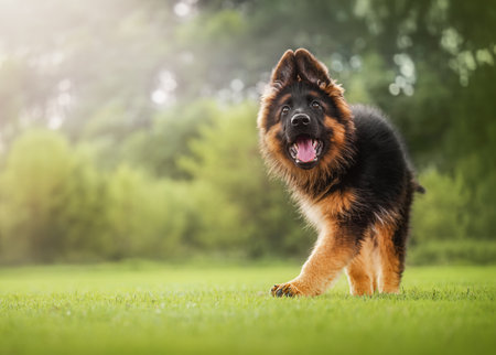 Cute German Shepherd puppy smiling and playing on green grass, joyful and playful.の写真素材