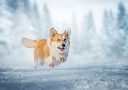 Happy corgi jumping over snowy forest, winter wonderland full of joy and magicの写真素材