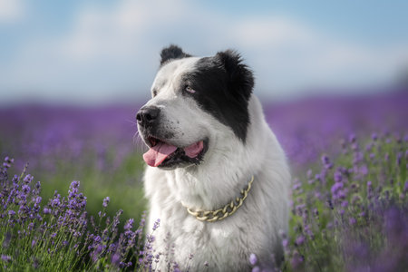 Majestic Alabai dog in blooming lavender field, summer vibe