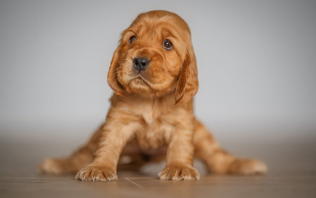 Funny tiny labrador puppy sits clumsily with paws spread, pure cuteness momentの写真素材