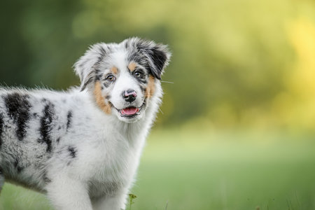 Australian Shepherd puppy playing happily in a sunny garden during summer.の写真素材
