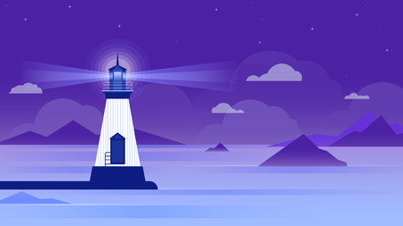 Lighthouse in a calm sea at night.のイラスト素材