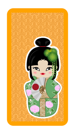 Japanese doll, Kokeshi with a fan and chrysanthemums on an orange textured backgroundのイラスト素材