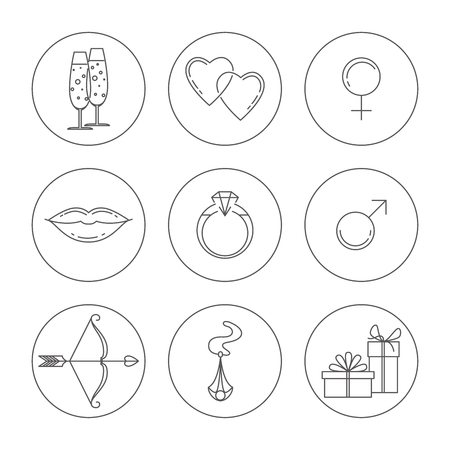 Set of icons for Valentine's day: glasses, heart, male and female symbols, lip ring, bow and arrow pendants, giftsのイラスト素材