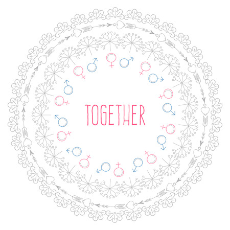 A circular pattern of elements that symbolize Valentine's day, with the inscription Togetherのイラスト素材