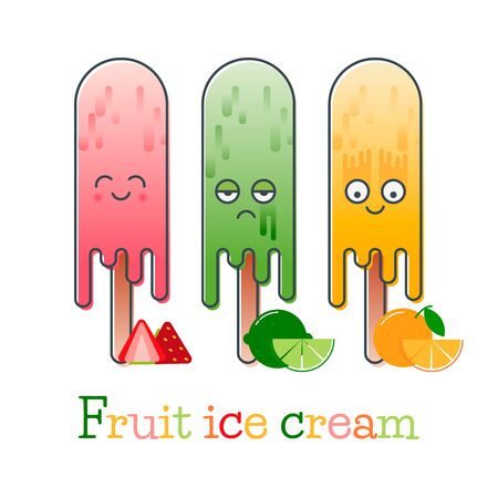 Mixed ice cream with fruits, of which it is made: strawberry, lime, orange and with different facial expressionsのイラスト素材