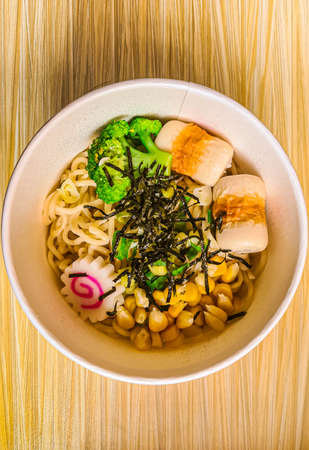 Ramen with broccoli, egg and seaweedの写真素材