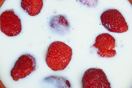 strawberries and milk in a clay bowlの写真素材