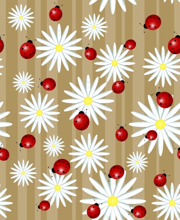 ladybug and daisy on a striped background - seamless textureのイラスト素材