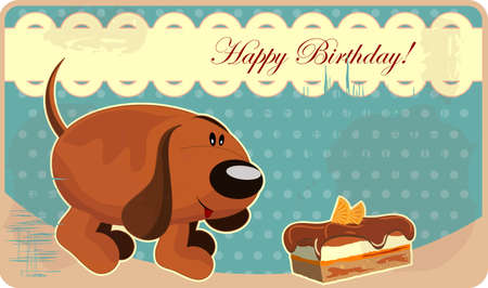 greeting card with a funny dog and cake in vintage styleのイラスト素材
