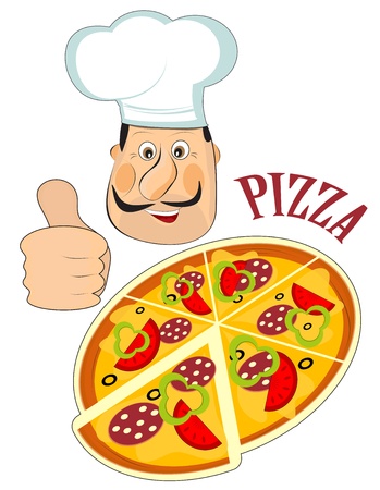 Italian chef and a pizza isolated on white backgroundのイラスト素材
