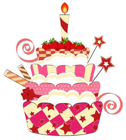 big strawberry birthday cake with burning candleのイラスト素材
