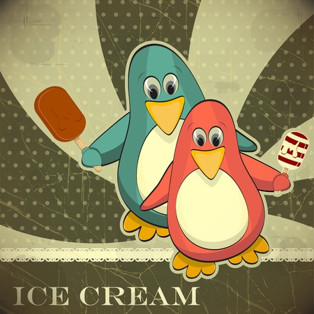 Penguin with ice cream - vintage cardのイラスト素材