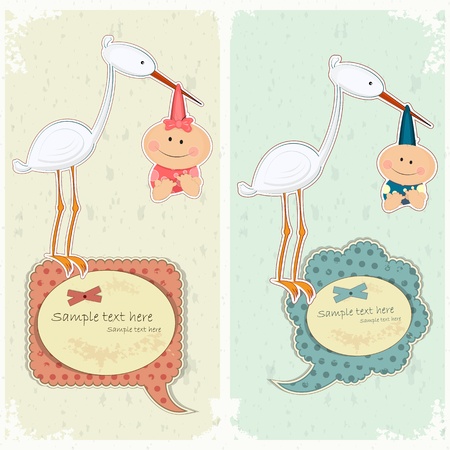 Baby postcard in vintage style - stork holding newborn - vector illustrationのイラスト素材