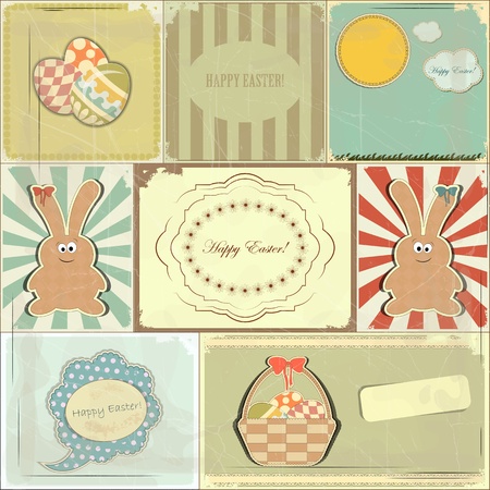 Easter card in vintage style - basket of Easter Eggs and Bunny - vector illustrationのイラスト素材