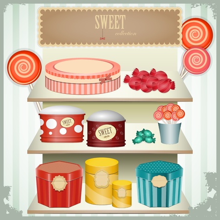 vintage postcard - shop sweets, confectionery - vector illustrationのイラスト素材