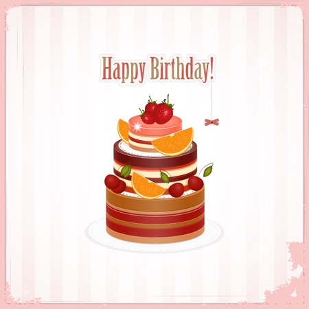 Vintage birthday card with Chocolate Berry Cakeのイラスト素材